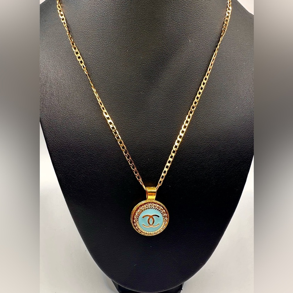 Beautiful Repurposed Gold Tone and Light Blue Pendant w/Gold Plated Necklace.